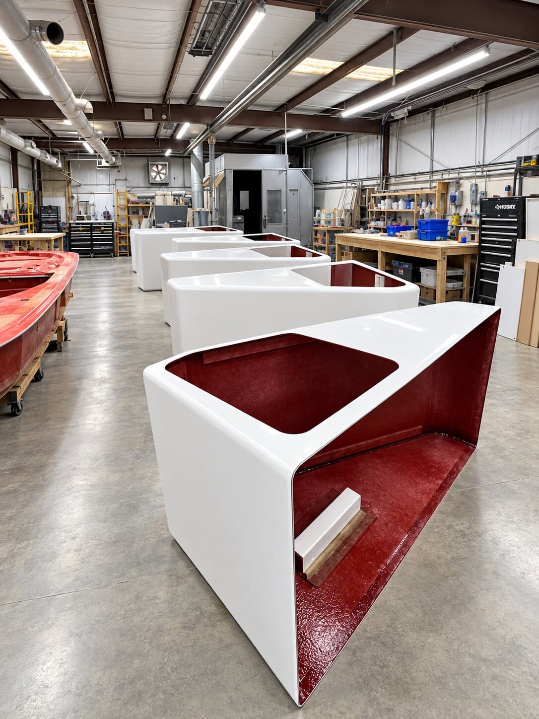 A row of fiberglass shells in production on the WRT shop floor, white outside with red laminate inside