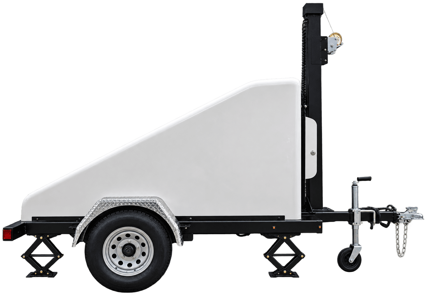 Complete WRT mobile surveillance trailer with white fiberglass shell, camera mast, and stabilizer jacks
