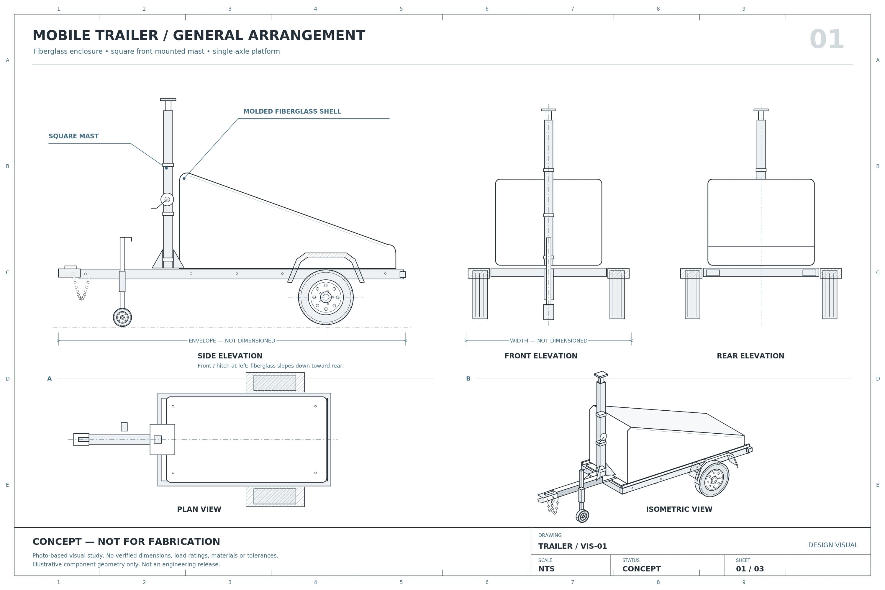 Trailer general arrangement drawing: side, front, and rear elevations, plan view, and isometric view of the trailer with fiberglass shell and square mast